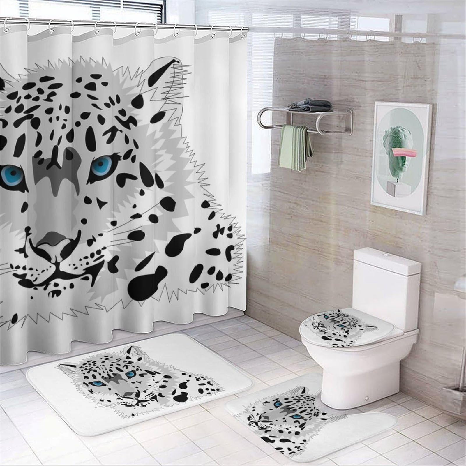JiuPopular Bathroom Mat Set 4 Piece, Snow Leopard Shower Curtain with Non-Slip Bath Mats for Bathroom