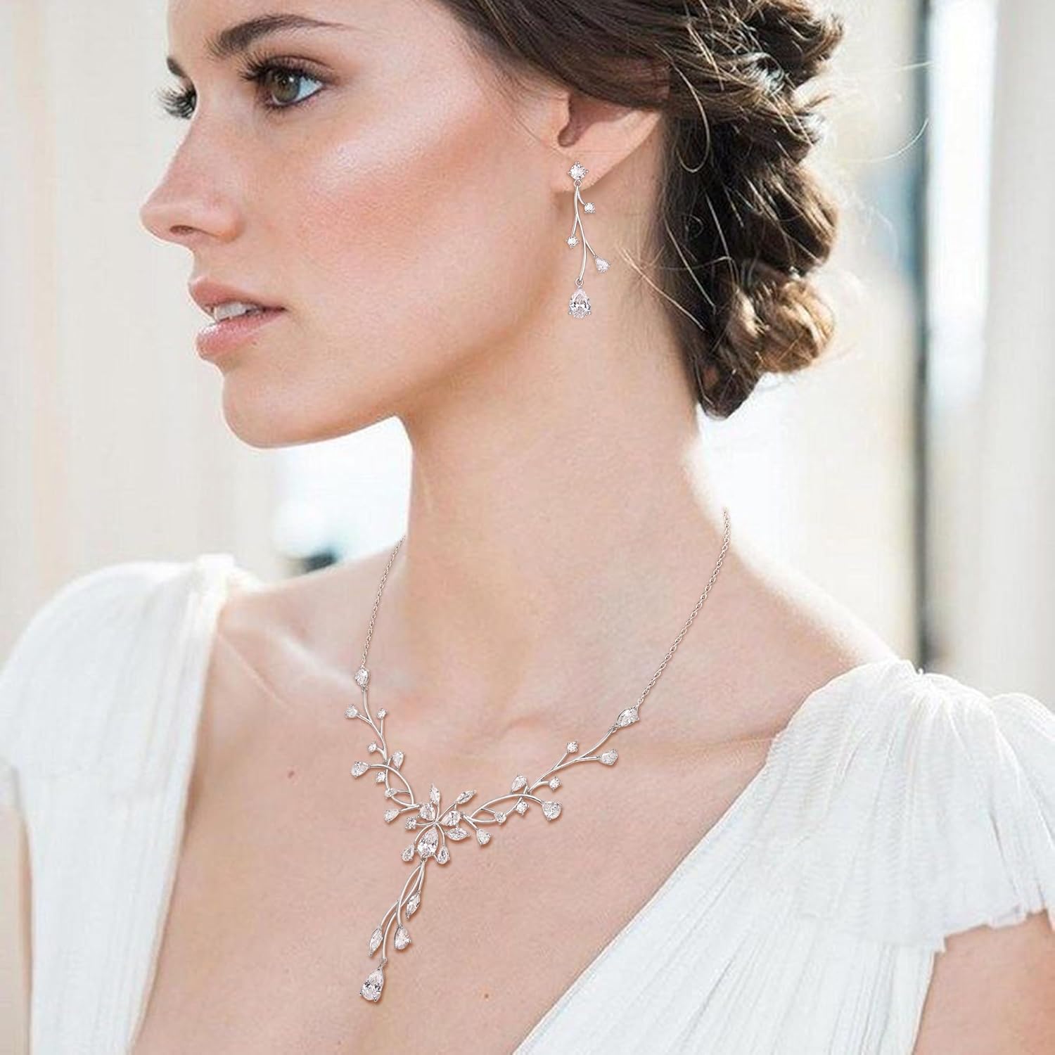 Crysdue Women's Wedding Bridal Jewelry Set for Brides Bridesmaids Cubic Zirconia Flower Leaf Vine Necklace Dangle Earrings for Prom Party