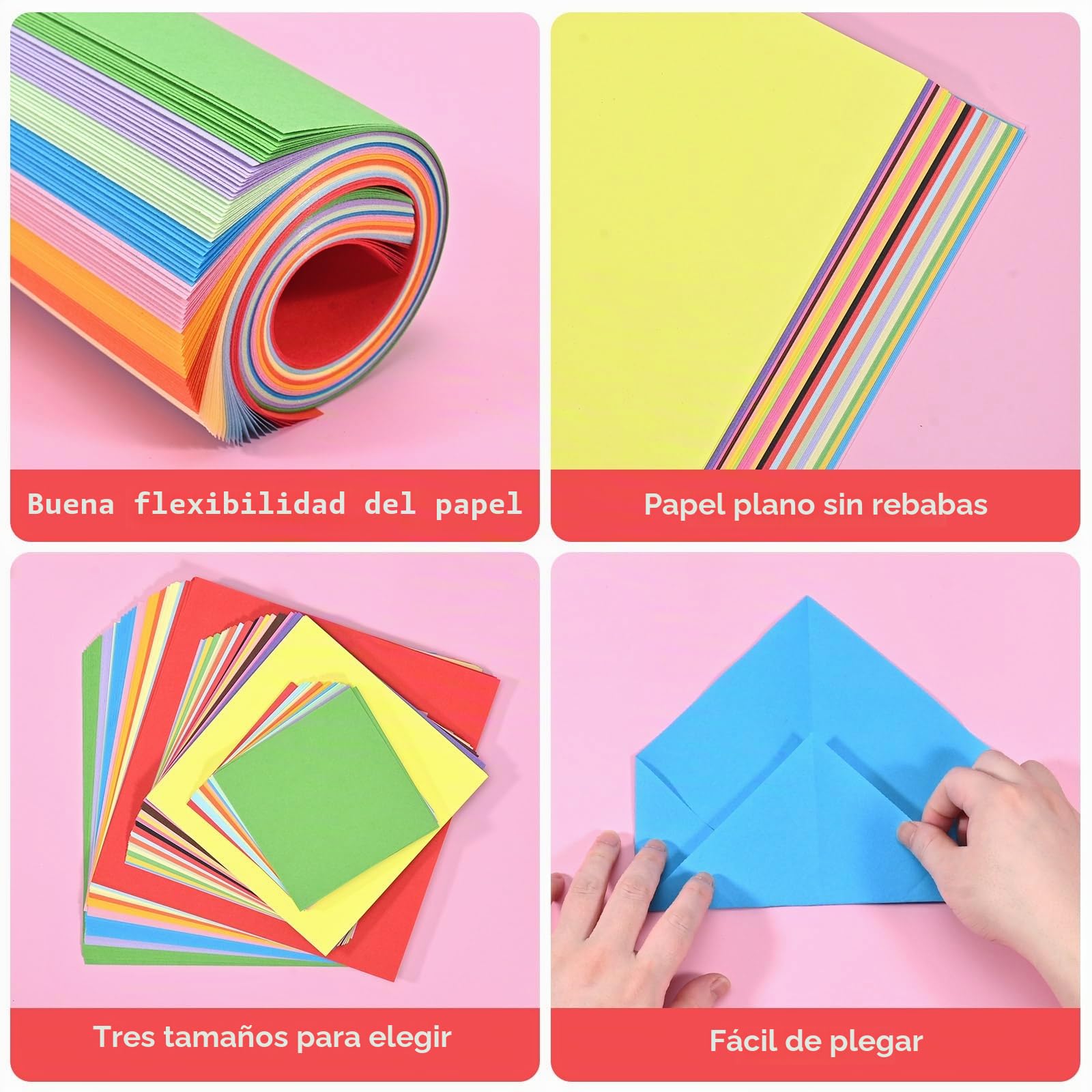 Juego de 600 hojas de origami, papel plegable cuadrado de doble cara 20x20 cm, 15x15 cm, 10x10 cm, cartulinas colores para manualidades