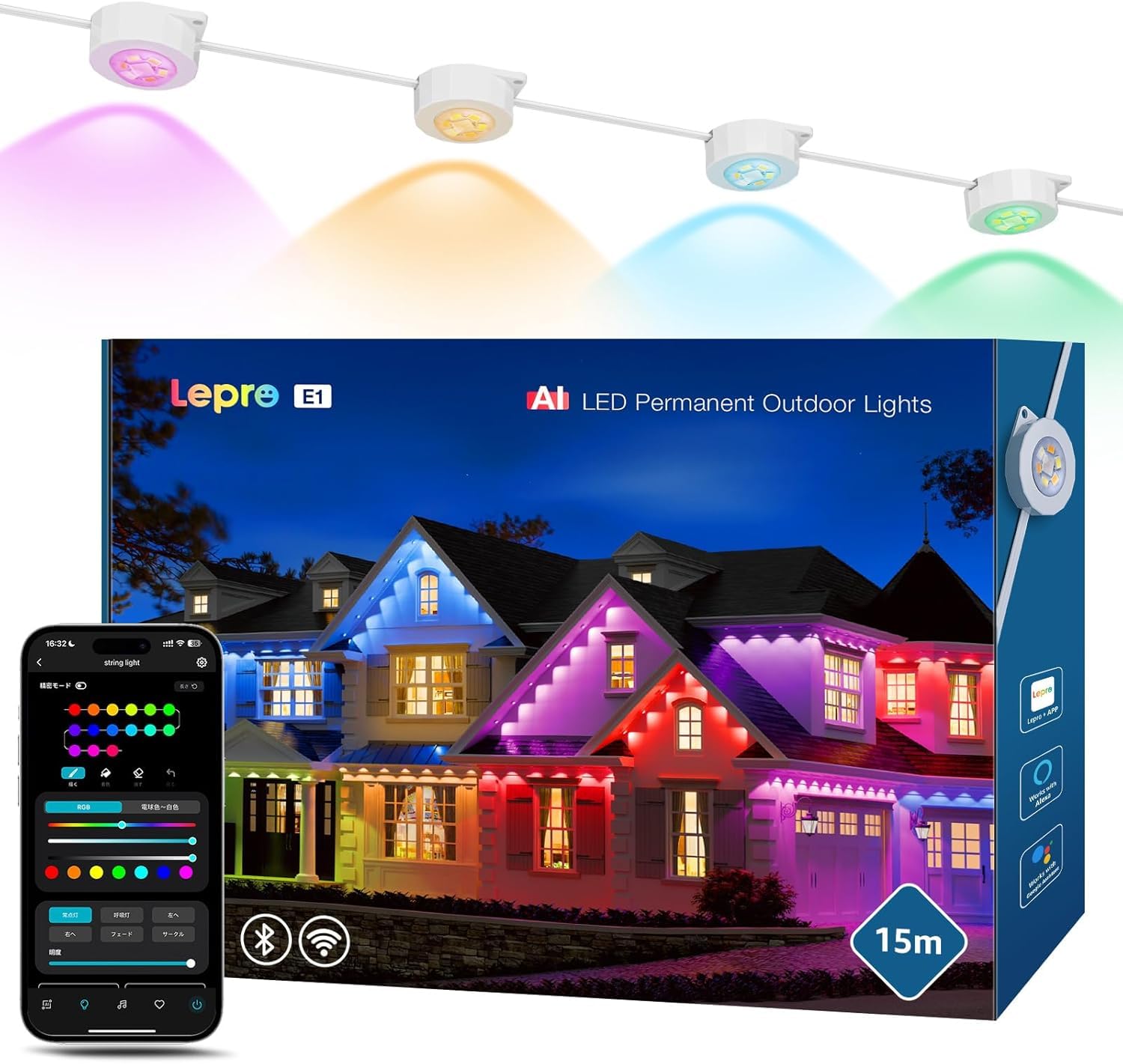 Lepro E1 IA Guirlande Lumineuse Intelligente 15M, Éclairage Extérieur Permanent 30 RGBIC LEDs, Concepteur d'Éclairage IA Personnalisé, Contrôle Vocal Music Sync Compatible avec Alexa Google Assistant