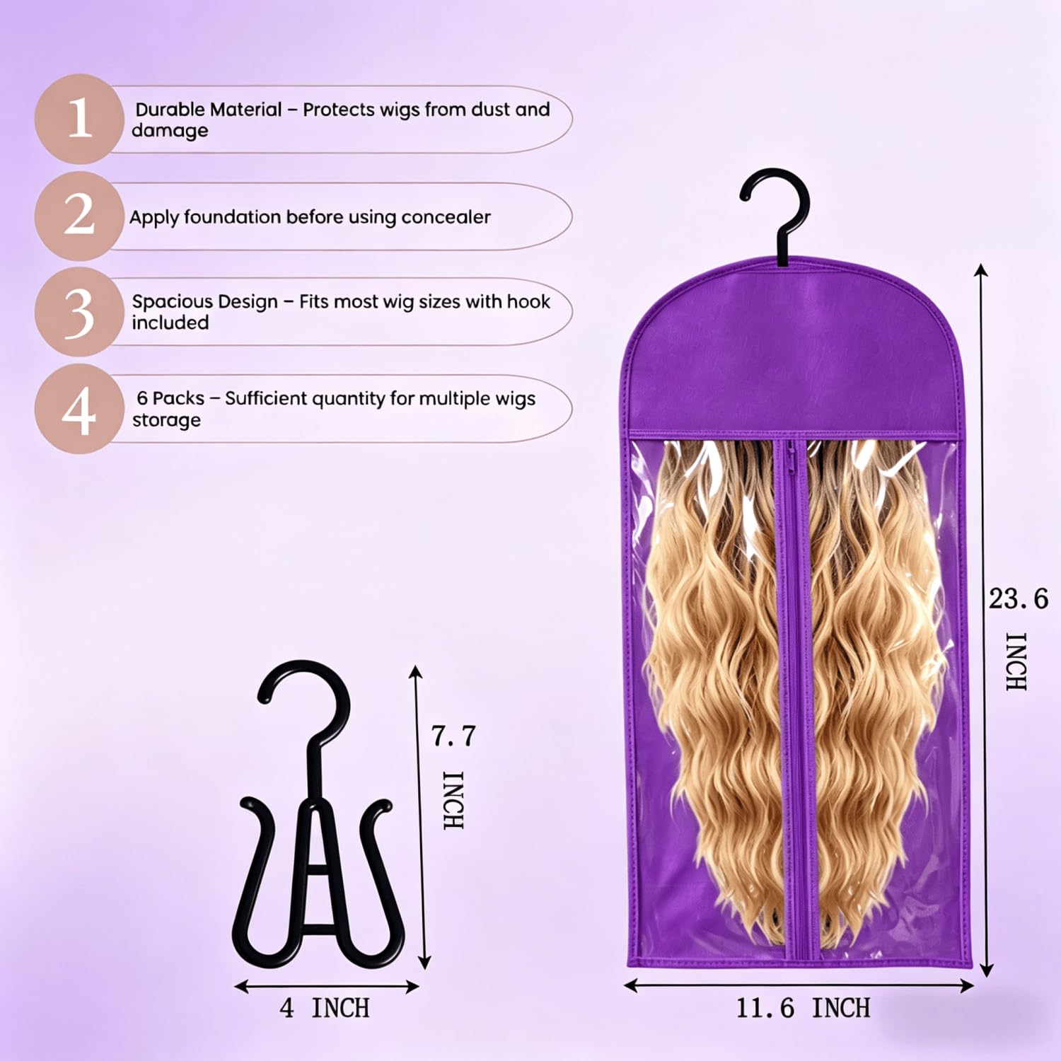 6 x Perücken-Aufbewahrungstaschen mit Aufhänger, Haarverlängerungshalter für mehrere Perücken, staubdicht, ideal für Haarverlängerungen und Zubehör (lila)