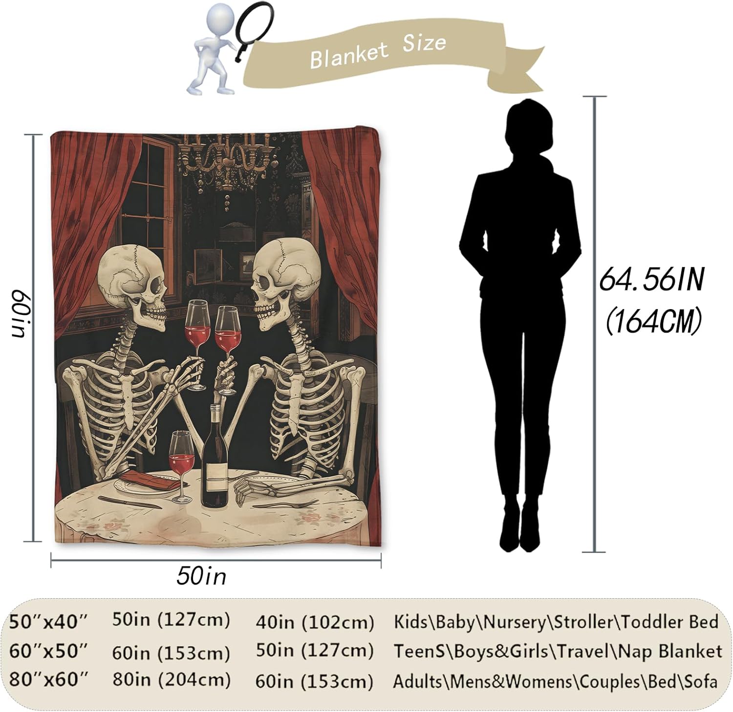 Romantic Skeleton Dinner Blanket | Soft Warm Fuzzy Lightweight Flannel Throw Blanket for Couch, Bed, Halloween Decor, Travel & Outdoor Use, Cozy Blankets for Adults Women Men 80×60 in