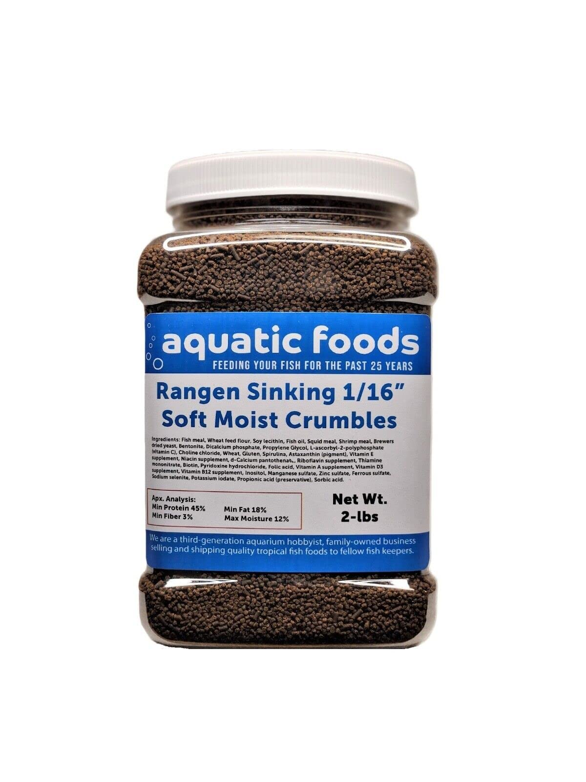 Aquatic Foods Inc. 1/16" Soft Moist Sinking Salmon Crumbles for Baby Axolotls, Shrimp, Snails, Crabs, Small Amphibians, Bottom Tropical Fish ...2-lb Med Jar