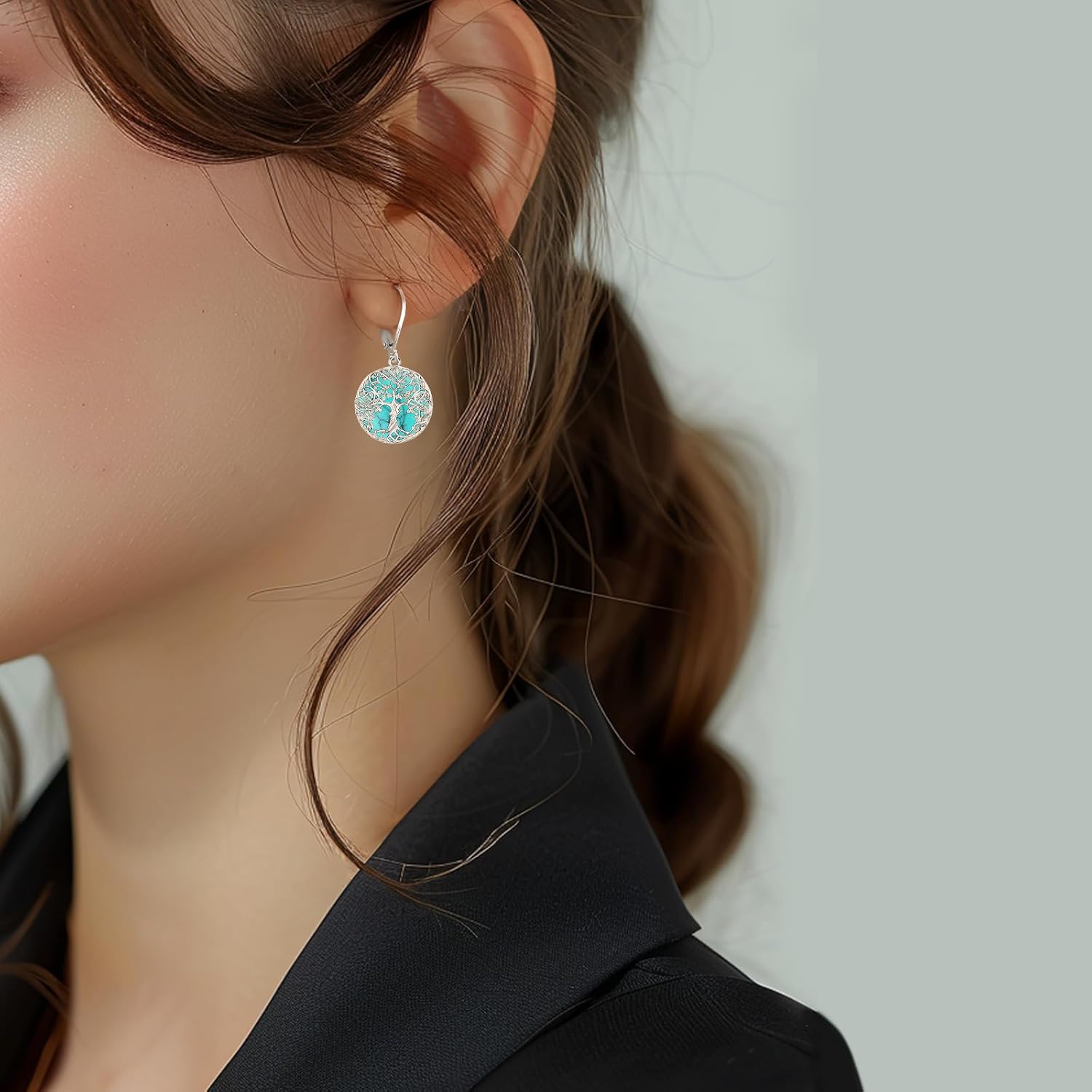 Eusense Sterling Silver Tree of Life/Filigree/Celtic/Compass/Cat/Bee/Dragon Animals Dangle Earrings Turquoise Malachite Drop Leverback Earrings Jewelry Gifts for Women - Image 5