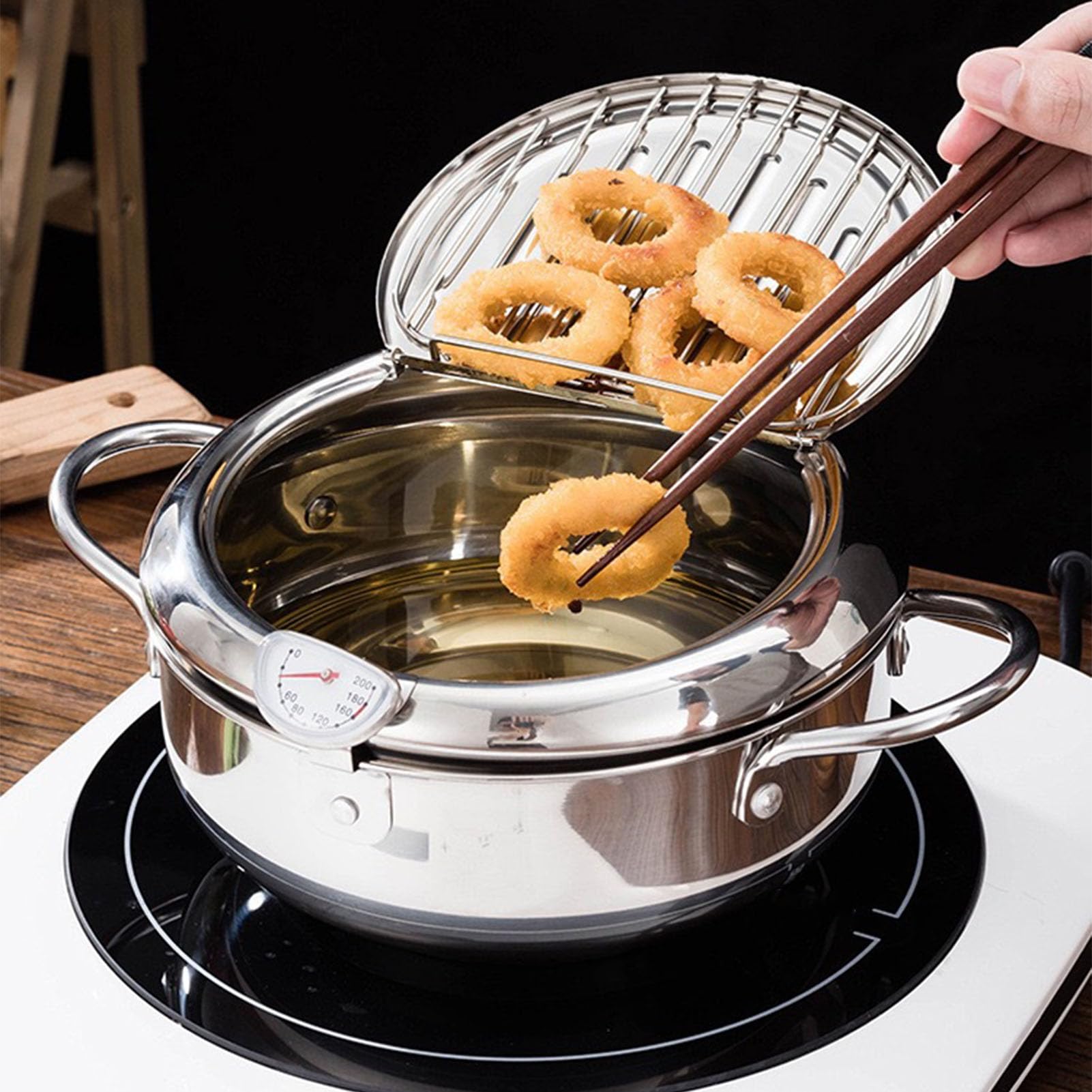 HEEPDD Stainless Steel Deep Fryer Pot, Frying Pot withTemperature Control Oil Drip Drainer Rack Multifunctional Kitchen Cookware Transparent Lid for View Cooking Process (24CM)