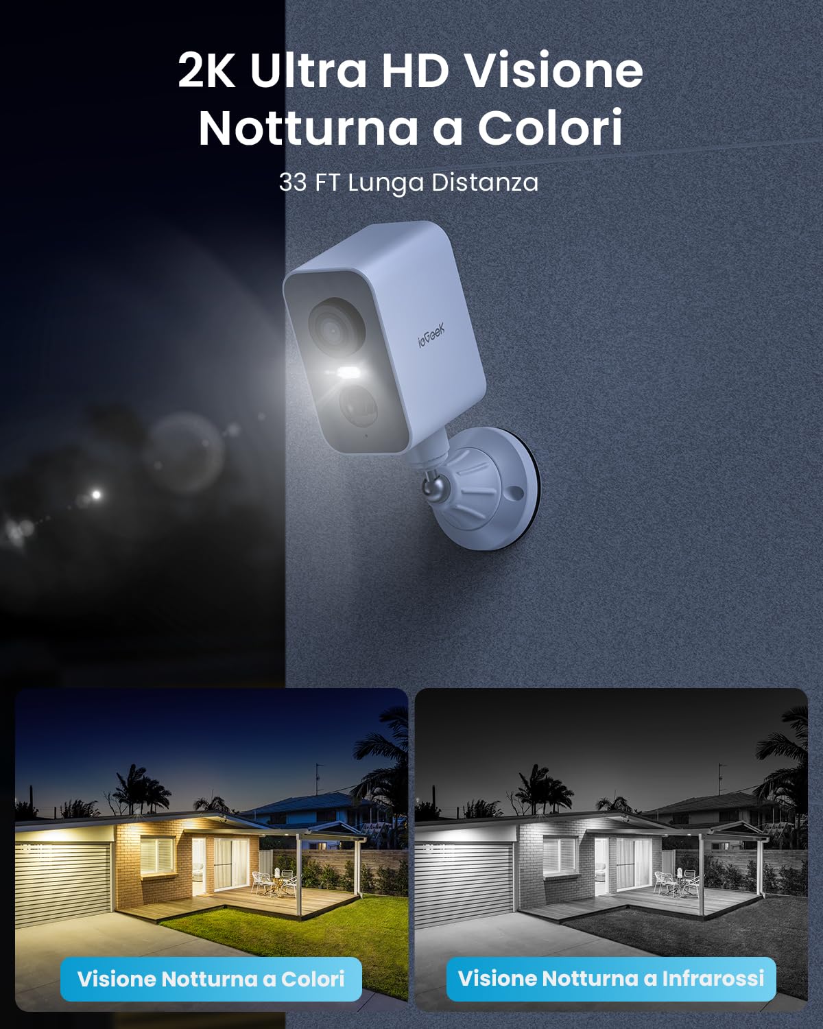 ieGeek 2K Telecamera Wi-Fi Esterno Senza Fili a Batteria, Base Magnetica | Pan 300°, Interne & Esterne, Visione Notturna a Colori, Rilevamento Movimento PIR, Audio Bidirezionale, SD/Cloud, IP65