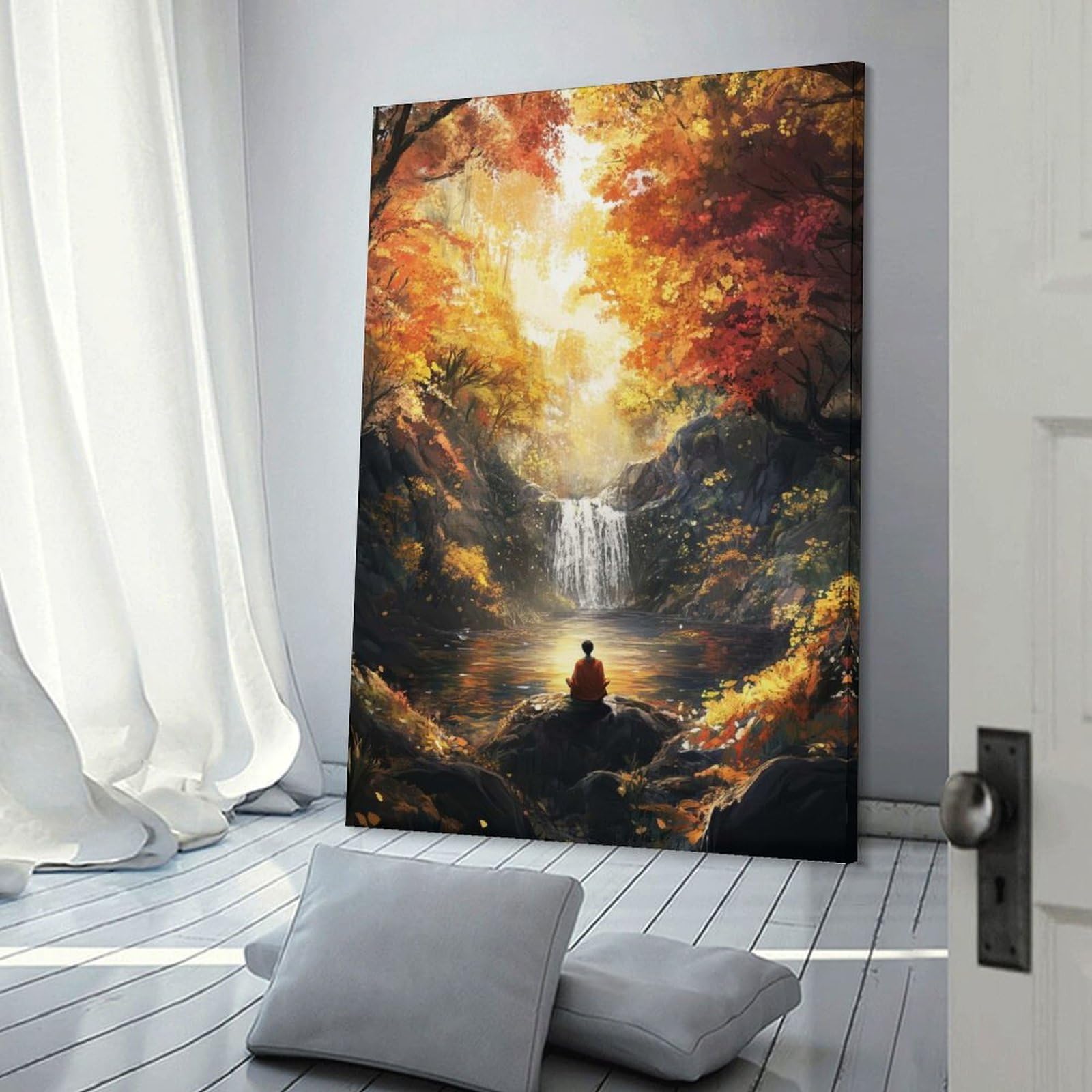 Junmoney Wall Decor Canvas Print Autumn Meditation by Waterfall, 12x18inch(30x45cm), for Home Lounge, Bedroom Or Reading Nook, Canvas Styling for A Polished Room Look