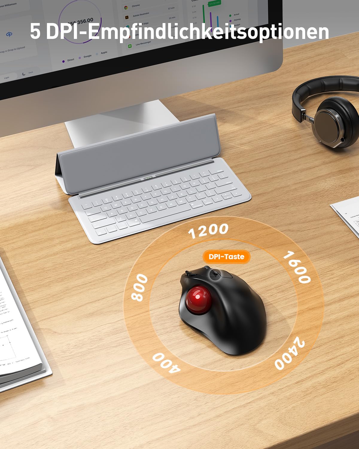 SABLUTE MAM2 Kabellose Trackball Maus, Wiederaufladbare Ergonomische Maus | Präzises und Reibungsloses Tracking, 3-Geräte-Verbindung (Bluetooth oder 2,4G USB-Empfänger), 5 DPI-Stufen für Mac, Windows