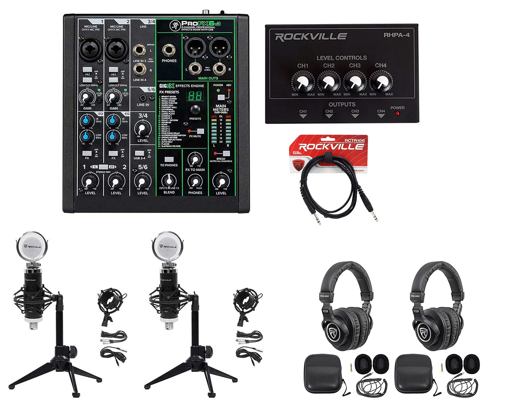 Audiosavings Bundle: Mackie ProFX6v3 6-Ch Professional Effects Mixer Bundle with Mackie HM-4 Headphone Amplifier+(2) Headphones+(2) Microphone+Cable+Stand+ (9 Items)