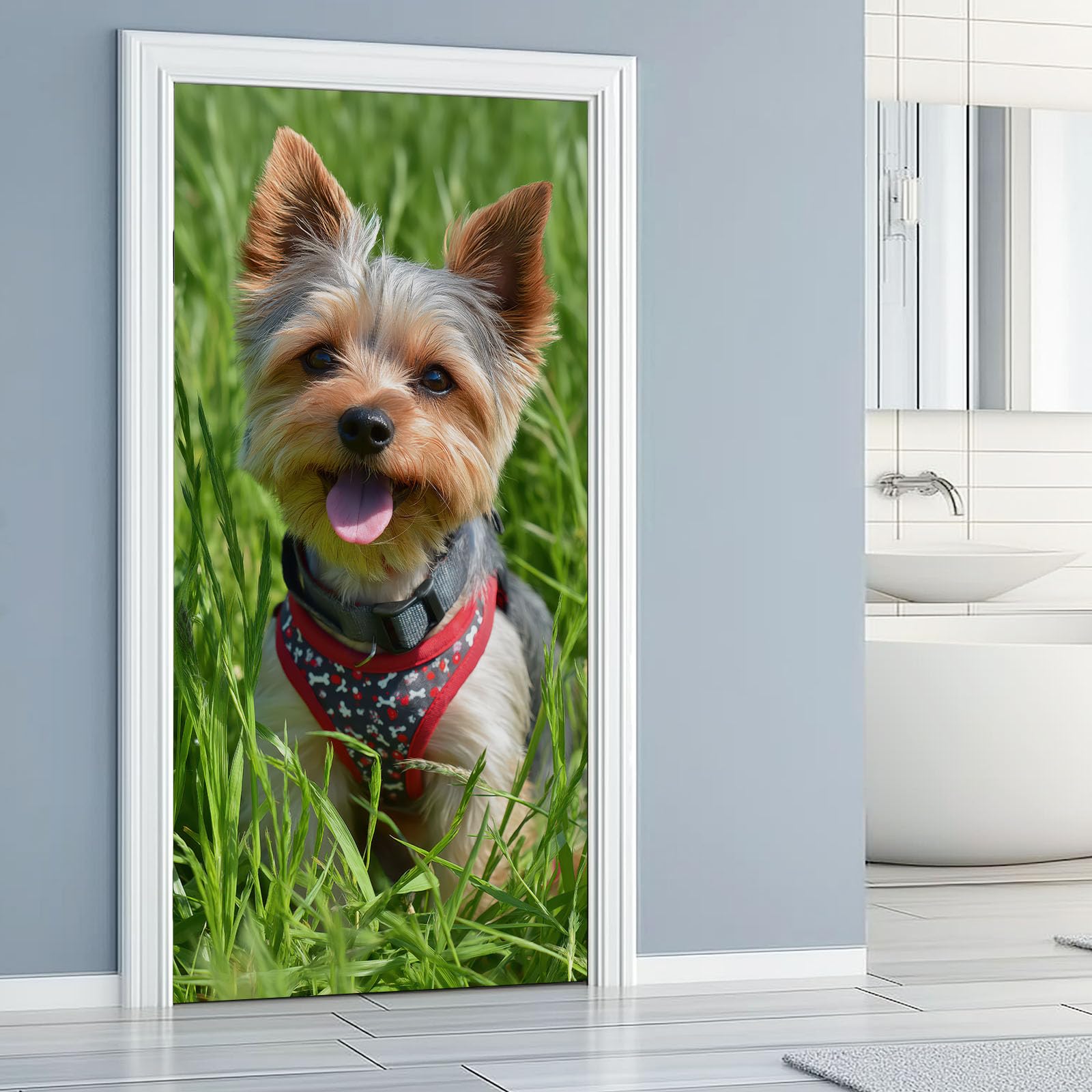 Adesivo per porta con cucciolo di animale, motivo prato verde naturale, in PVC, impermeabile, rimovibile, decorazione per porta per camera da letto, soggiorno, decorazione per la casa, 95 x 210 cm