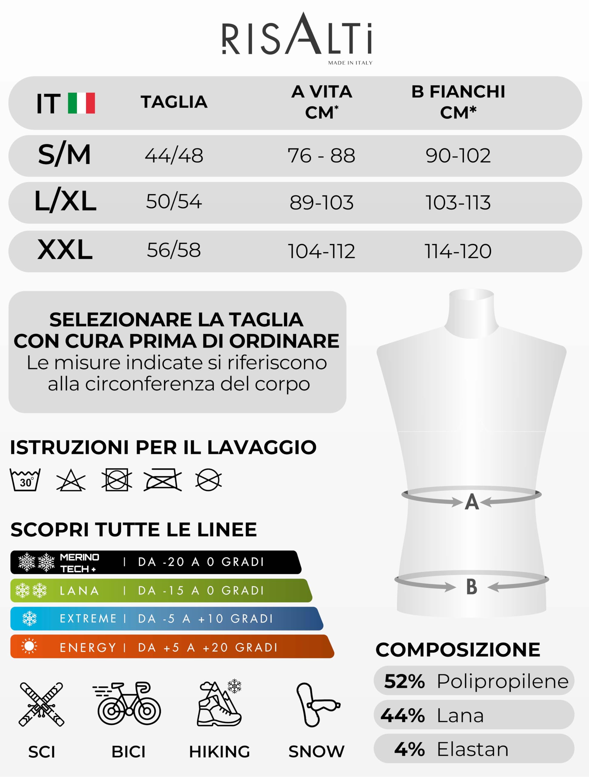 Risalti Tuta Termica Uomo Invernale Lana Merino Tech - Completo Maglia Termica Uomo e Calzamaglia in Merino Premium e Dryarn, Intimo Seamless, Traspirante e Termoregolante Estremo - Made in Italy
