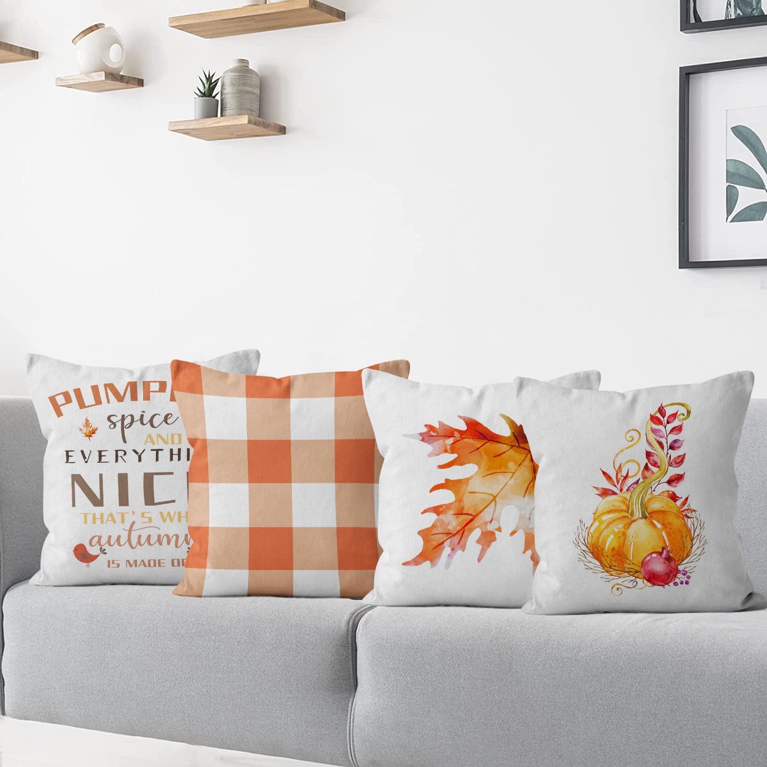 2er Set Herbst Kissenbezüge 45x45cm - Kürbis Und Ahornblatt Design Samt Bezug