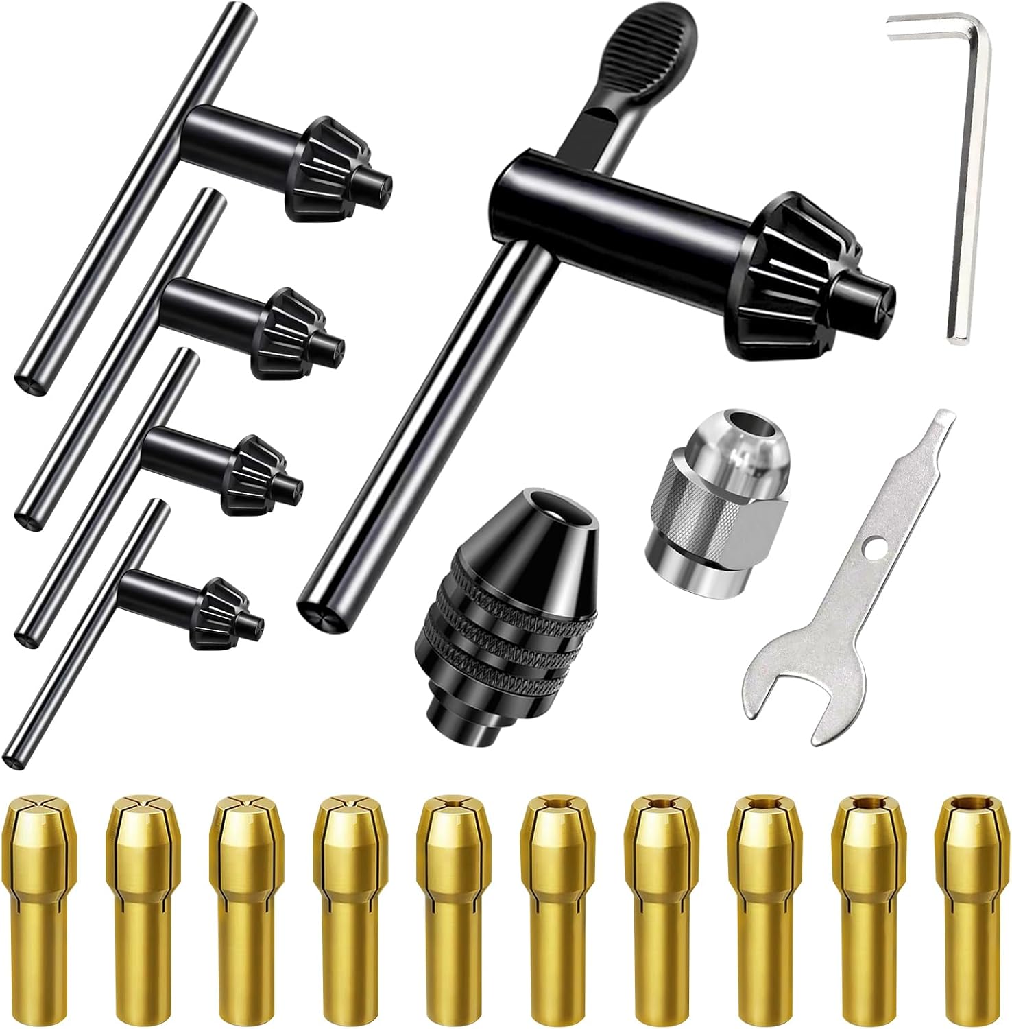 20Pcs Drill Chuck Key Wrench and Brass Chuck Collet Set Contains Electric Drill Clamping Tool, 1/32" to 1/8" Keyless Chuck Nuts and 4 in 1 Steel Drills Chuck Key for Rotary Tools
