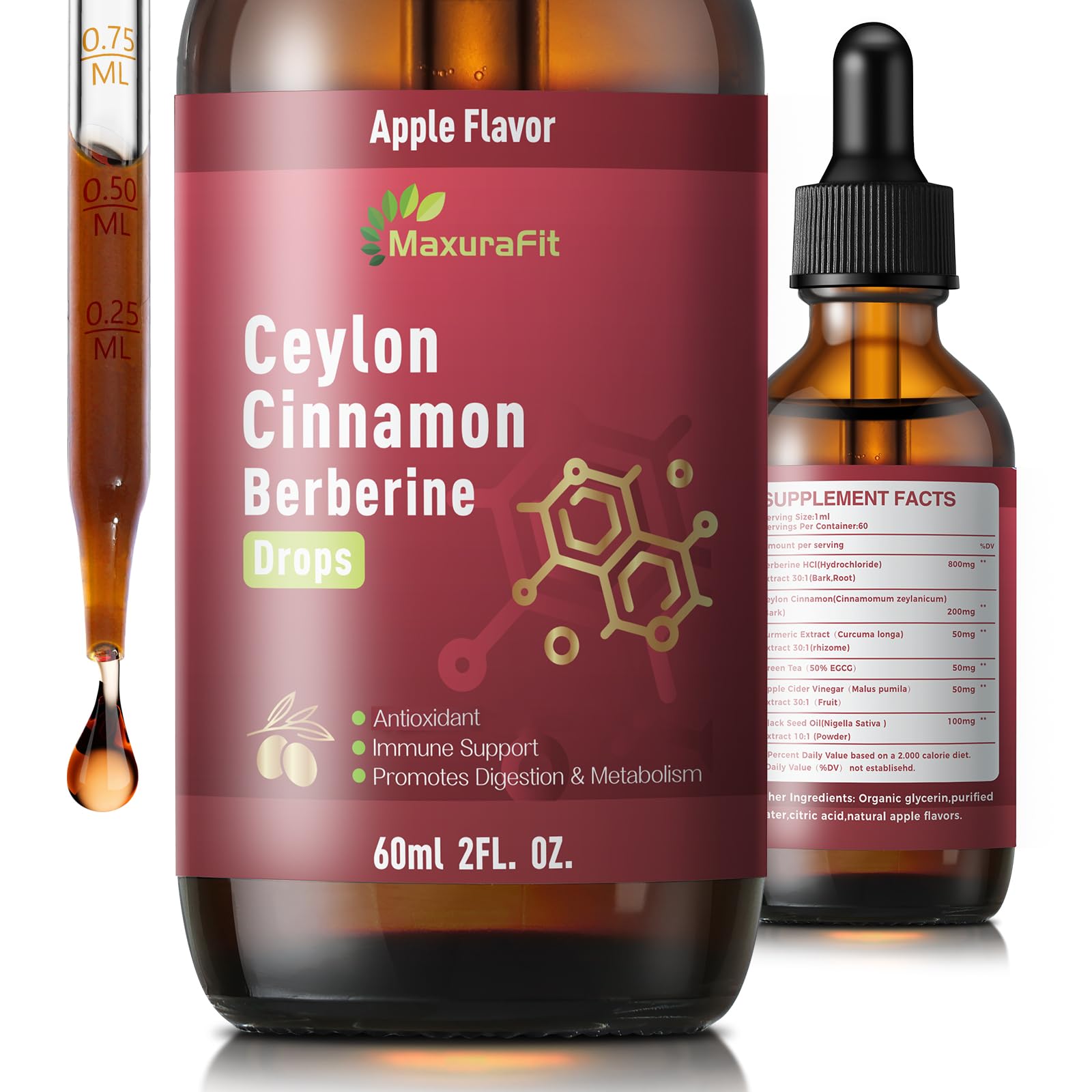 MaxuraFit Suplemento Líquido de Canela com Berberina, Cúrcuma, Chá-verde, Vinagre de Maçã e Óleo de Nigela 60 mL