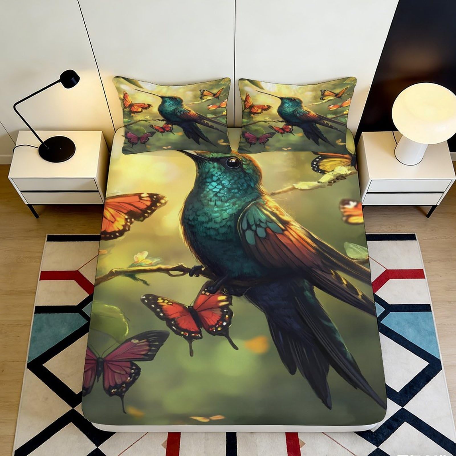 3D Printed Peacock and Butterfly Fitted Sheet Microfiber Soft Mattress Cover Decor for Bedroom Guest Room Easy Care 90x200x25cm
