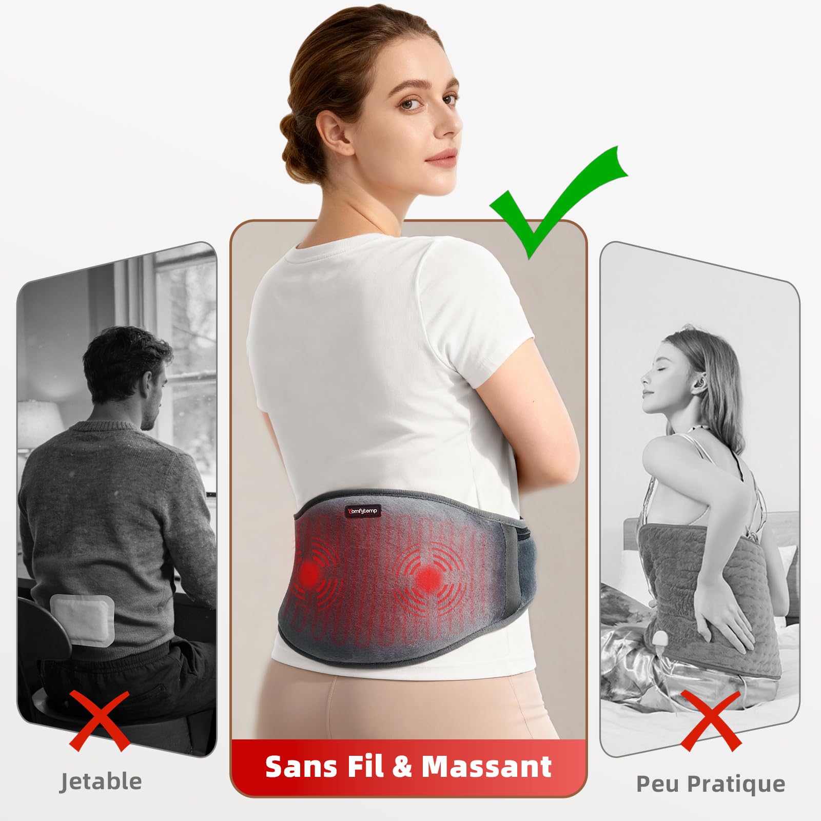 Comfytemp Ceinture Chauffante Lombaire, Coussin Chauffant Pour Dos Sans Fil