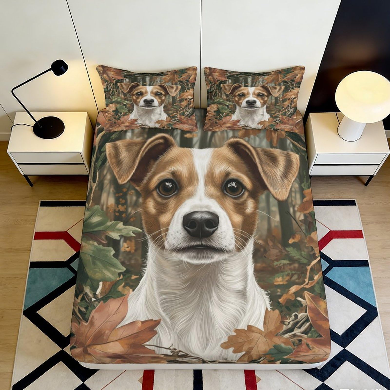 3D Printed Autumn Forest Dog Fitted Sheet Microfiber Brown White Bed Cover Anti-Slip Easy Care for Bedroom Guest Room 90x200x25cm