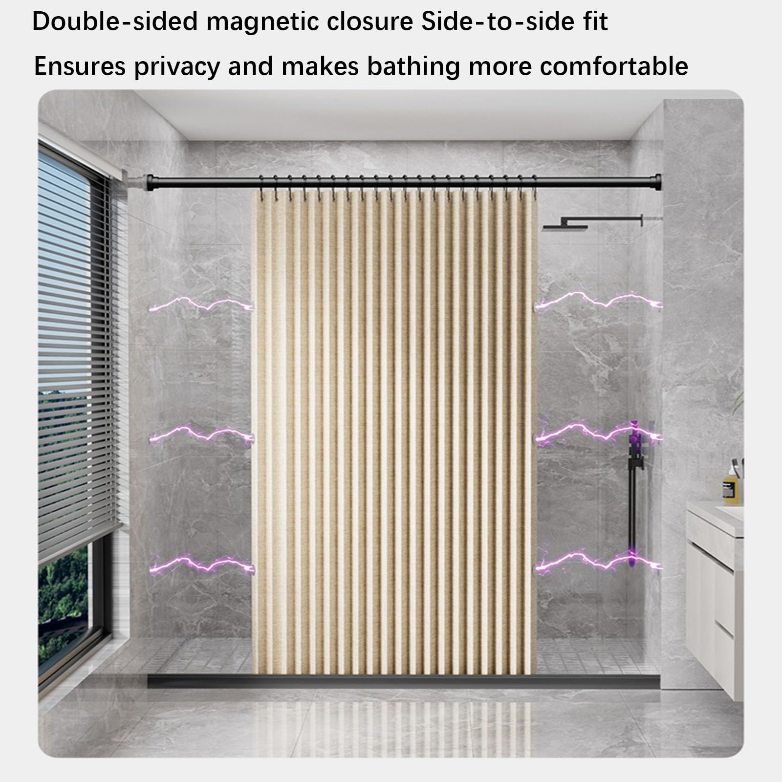 Cortina de ducha plegable con cierre magnético y barra retráctil, tela de lino grueso impermeable, no requiere perforaciones para una fácil instalación, ideal para privacidad en el baño