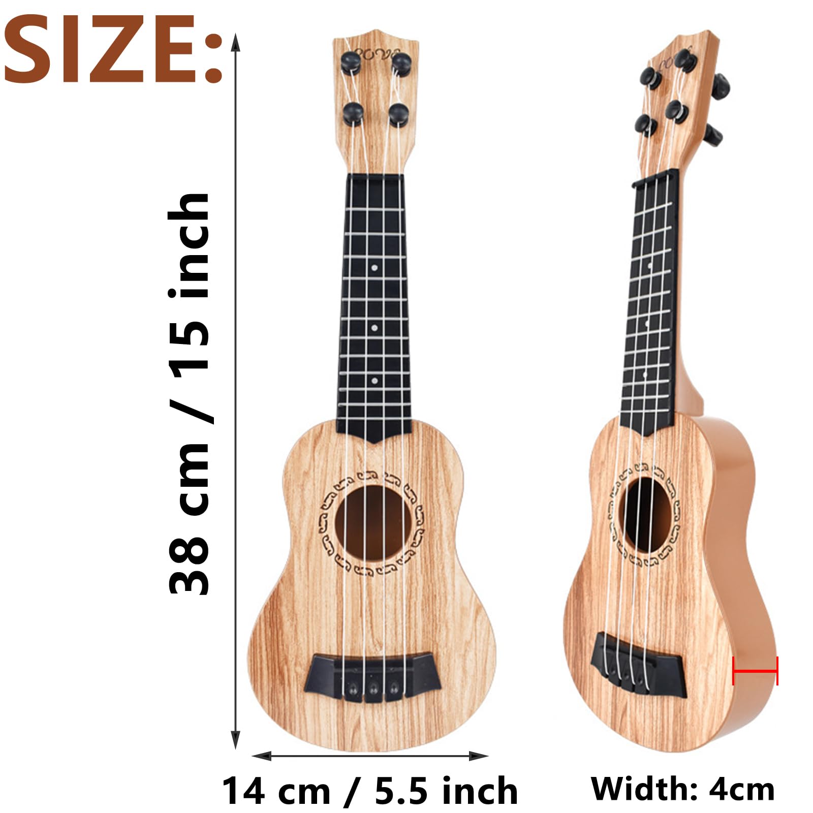 Mini chitarra, chitarra per asilo, giocattolo in plastica, ukulele per chitarra, giocattolo, ukulele per bambini, con 4 lati regolabili, per bambini (38 cm/marrone chiaro)