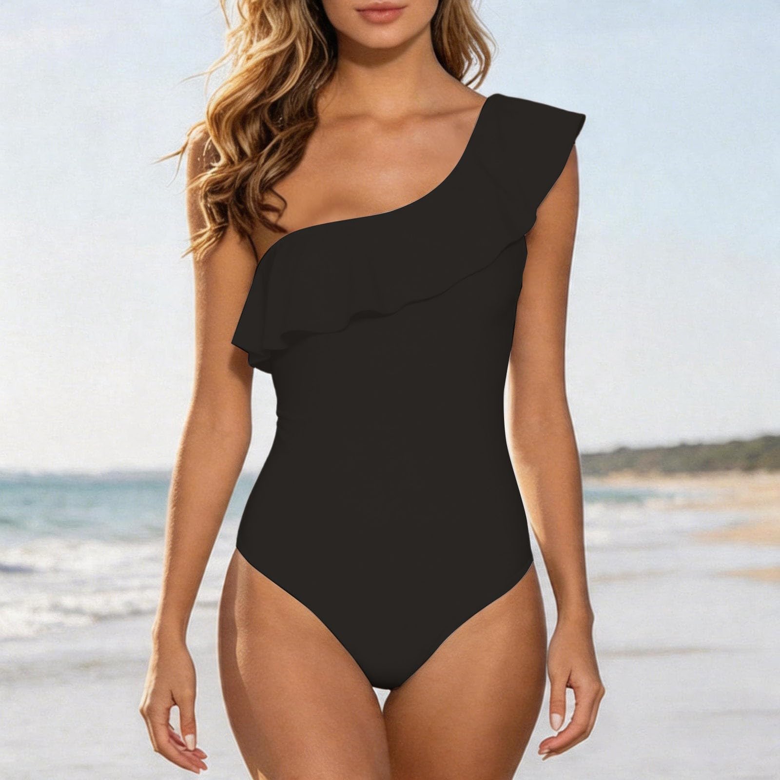 Bañador Mujer Un Hombro Bañadores Natacion Mujer Traje De Baño para Curvy Modelado Abdominal con Almohadillas Pecho Volantes Monokini Vintage Playa Verano Swimwear