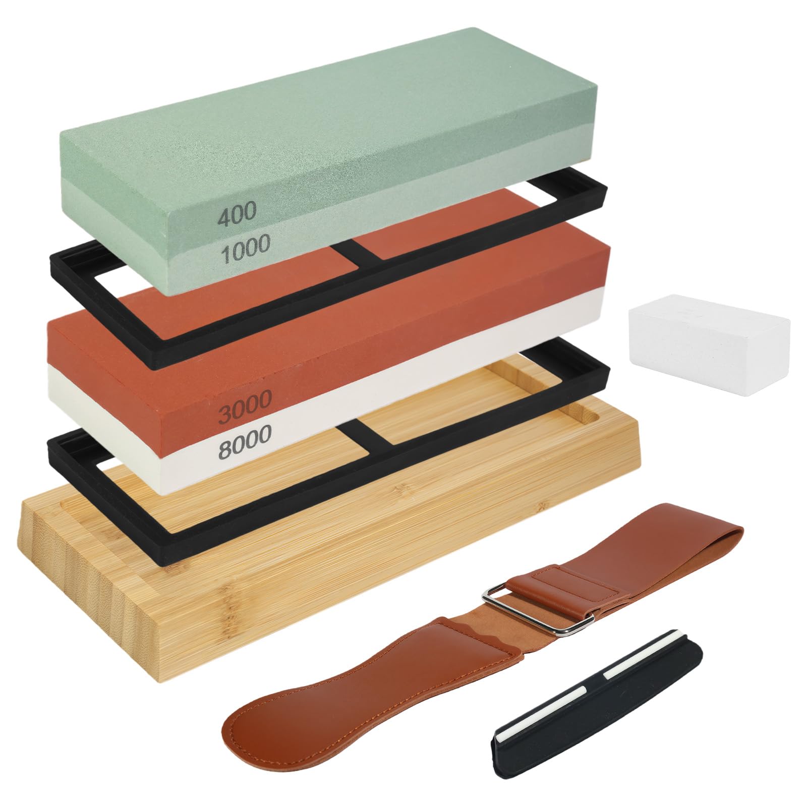 Pietra Affilacoltelli Giapponese 8-in-1 – Set 400/1000 & 3000/8000 per Affilare Coltelli, Supporto Antiscivolo in Bambù, Guida Angolare per Affilatura Precisa, Grana Fine e Grossa