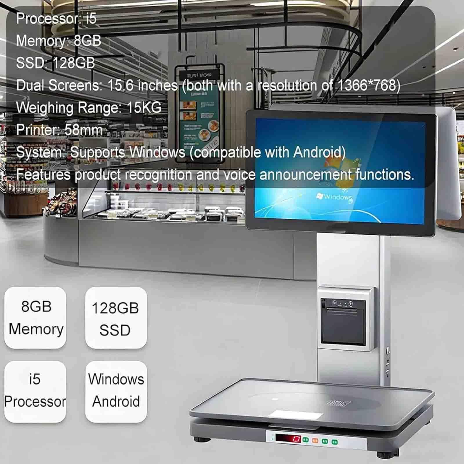 Kasa fiskalna All-in-One, drukarka 58 mm, 15,6-calowy monitor/ekran dodatkowy 8G + 128G, rozdzielczość 1366 x 768, waga z czytnikiem kodów kreskowych, regulowany kąt nachylenia ekranu