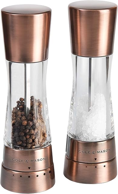 Cole & Mason H59418G Derwent Copper Salt and Pepper Mills | Gourmet Precision+ | Stainless Steel/Acrylic | 190mm | Gift Set | Includes 2 x Salt and Pepper Grinders | Lifetime Mechanism Guarantee