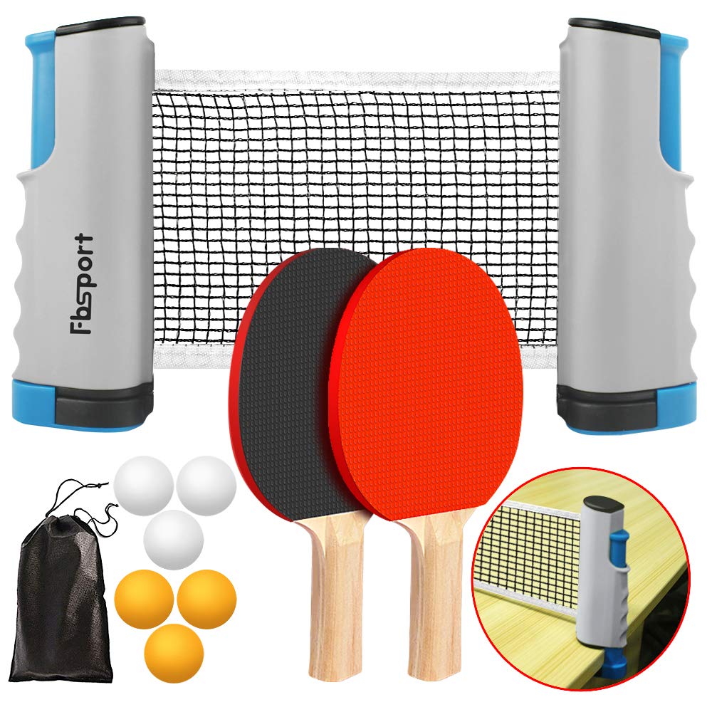 FBSPORT - Set di ping-pong portatile con rete retrattile, 2 racchette, 6 palle e borsa per il trasporto per bambini adulti giochi interni ed esterni, grigio