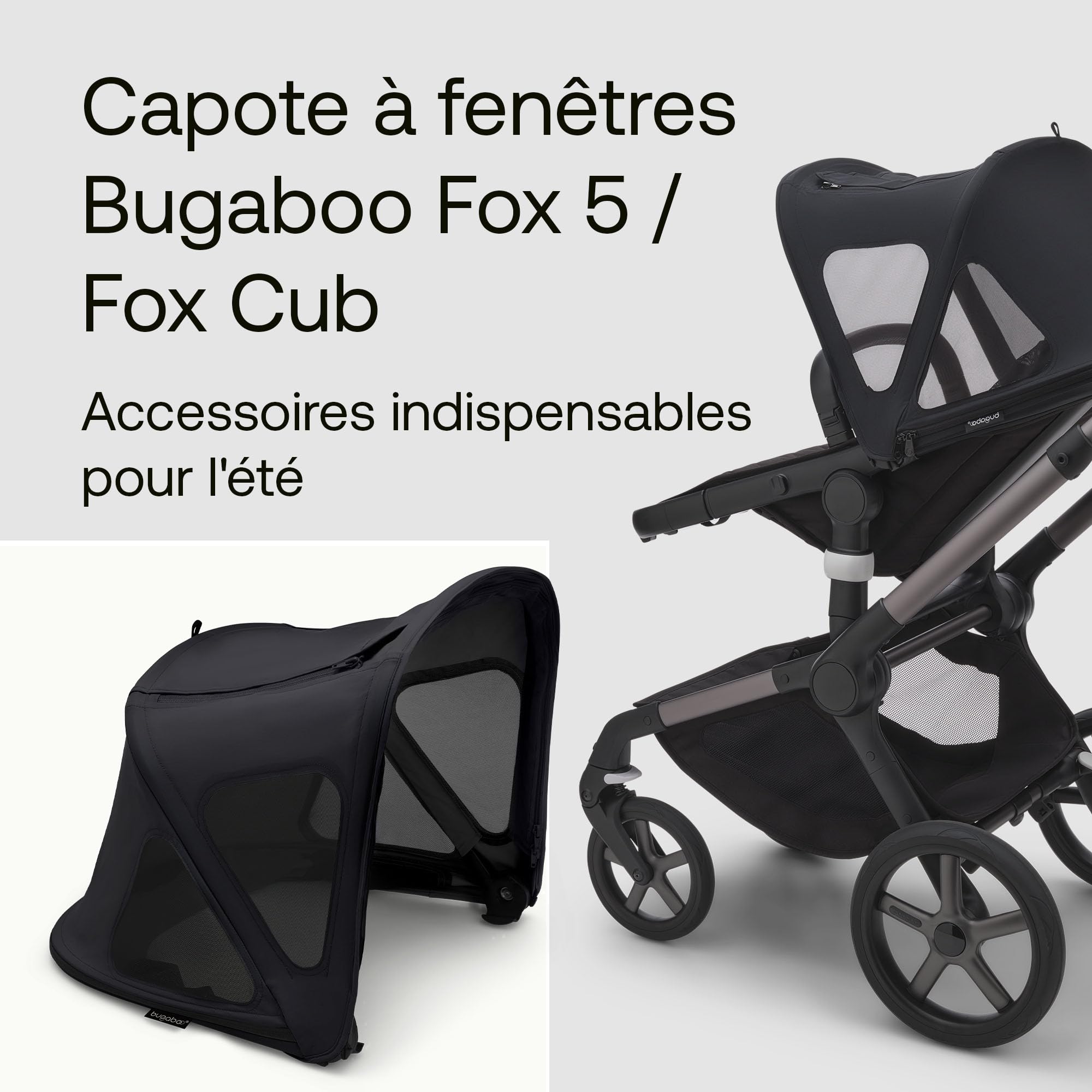 Bugaboo Capote à fenêtres Fox, extensible pour une couverture supplémentaire et une protection solaire optimale, hydrofuge, compatible avec toutes les poussettes Bugaboo Fox/Cameleon 3, nuit noire