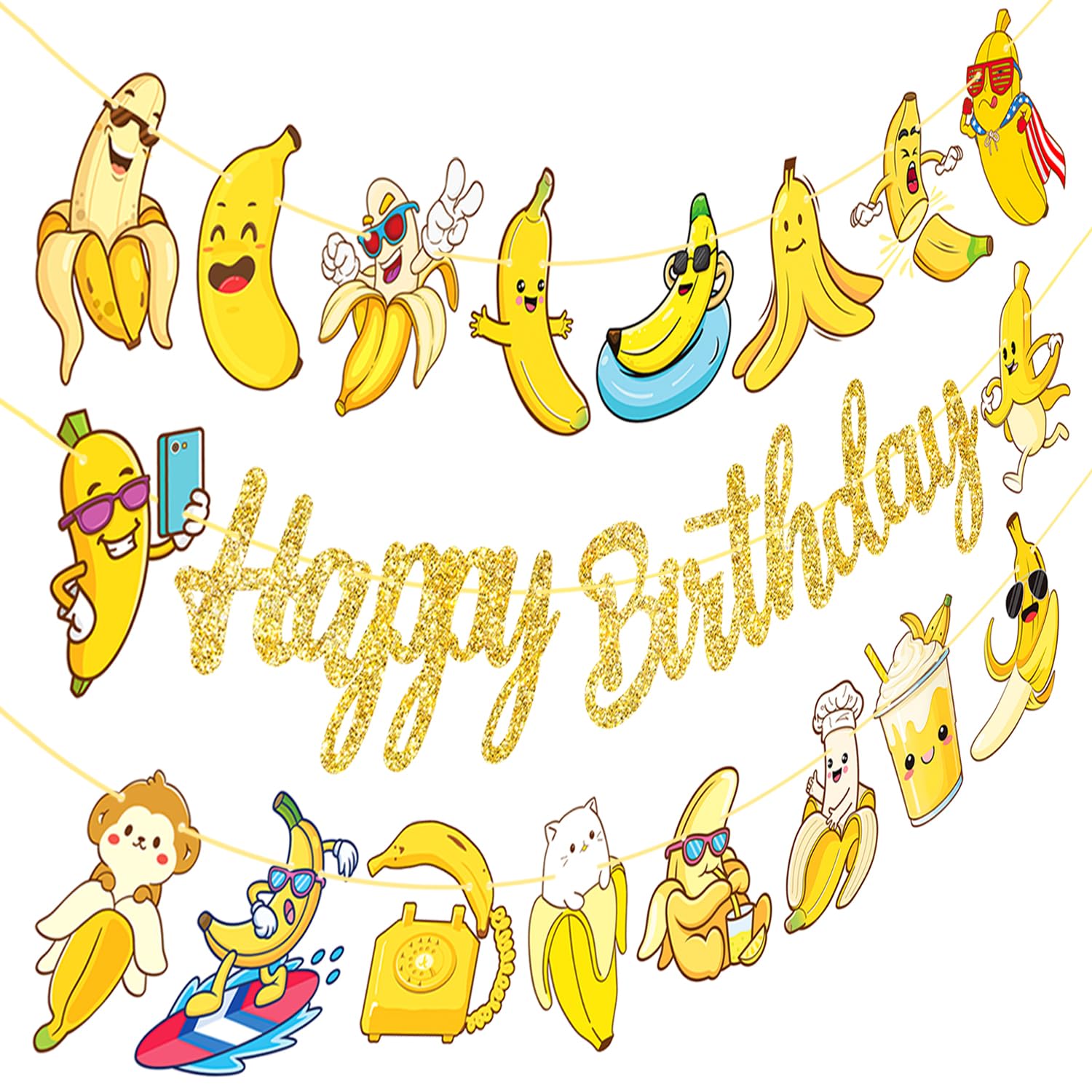 Banana Happy Birthday Banners 3PCS Banana Birthday Party Decorations Cartoon Banana Cutout Banners Lets Go Banana Birthday Party Supplies for Fruit