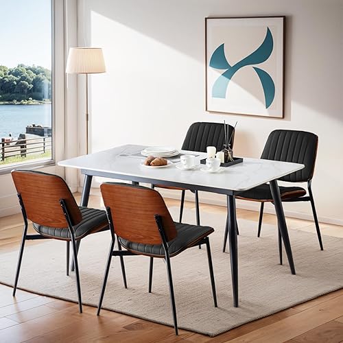 Miniatura 8 de Juego de 2 sillas de comedor, sillas de cuero sintético retro de mediados de siglo con asiento tapizado de madera curvada de nogal, patas de metal