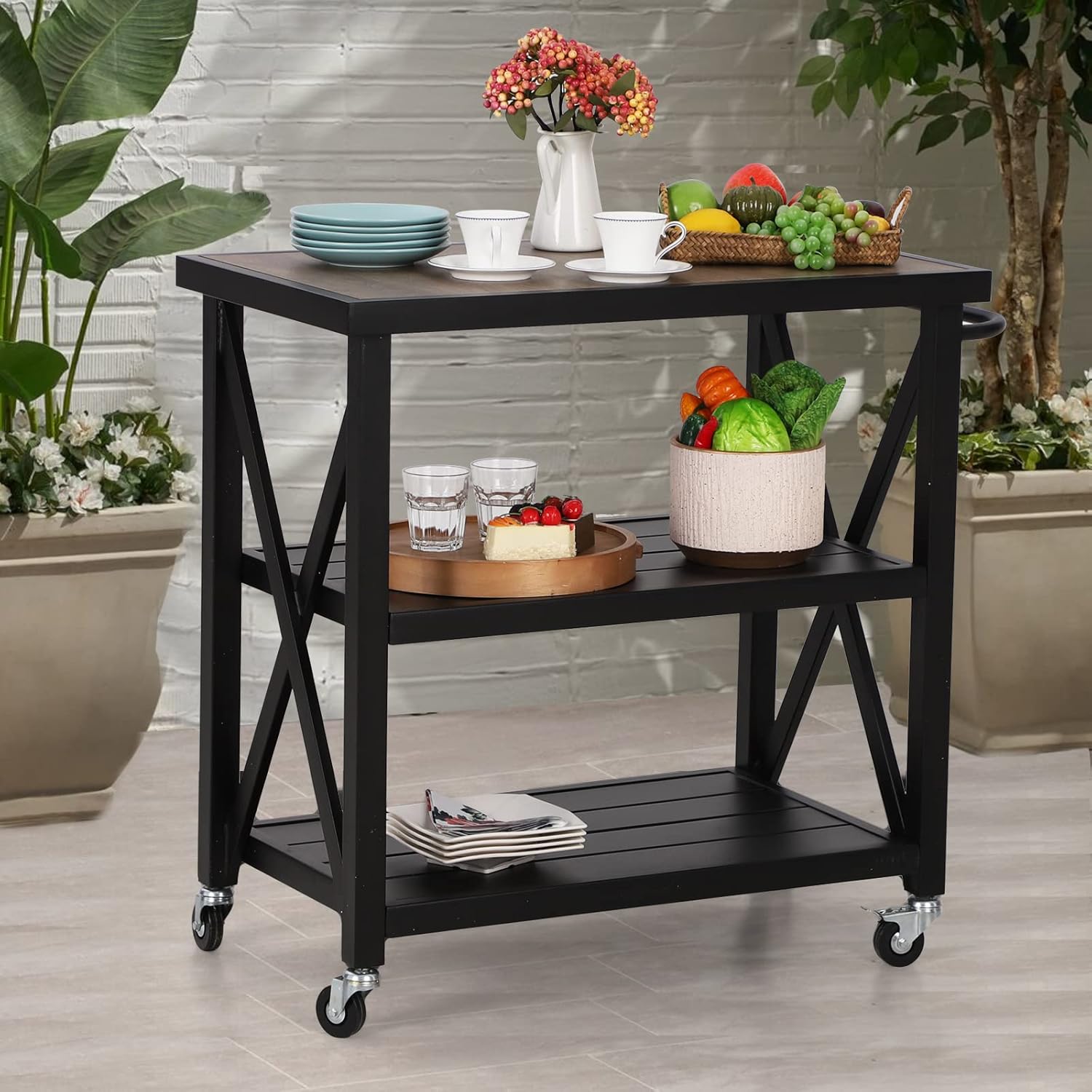 Sophia & William Outdoor Grill Cart Movable Food Prep Table Rolling BBQ Trolley Pizza Oven Stand with Ceramic Wood-Like Tabletop and Lockable Wheels, 35" W x 20.7" D x 35.4" H