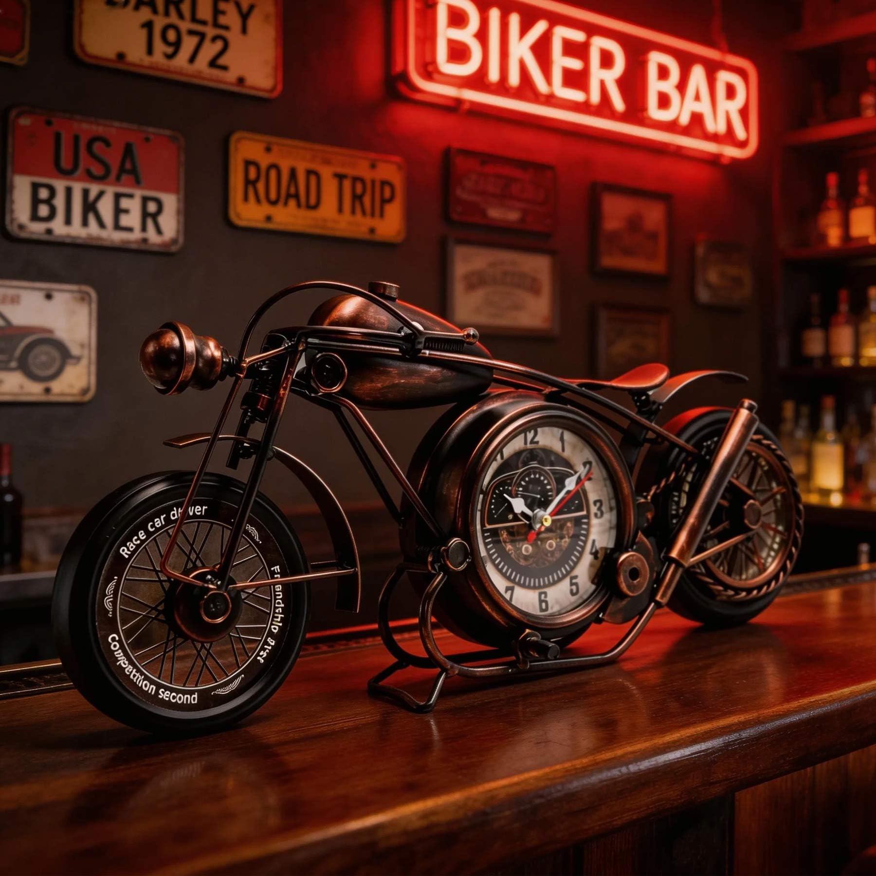 YOUKI Metalowy motocykl sztuka dekoracja ścienna zegar biurkowy nie tykający zasilany bateriami dom dekoracyjny pomysł na prezent, dekoracje ścienne do sypialni biura 43 x 4,5 x 19,5 cm, brąz