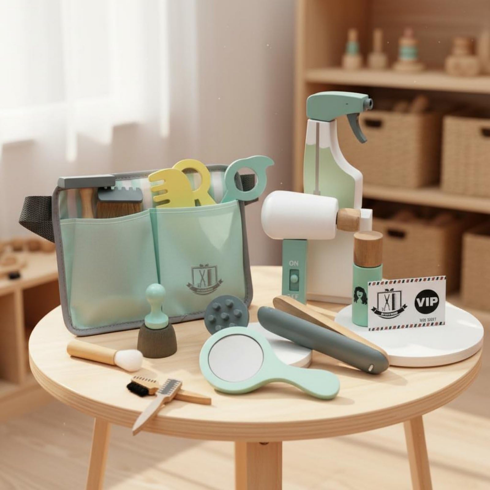 Set Parrucchiere Bambini Gioco Kit Capelli Forbici Finte Pettine Spruzzino Interruttore Mobile Legno Naturale con Borsa Organizer E Cintura Adatto a Gioco di Ruolo Compleanno Scuola Casa
