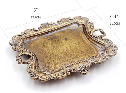 Miniatura 5 de Funly mee Bandeja pequeña de baratijas antigua en oro vintage, bandeja de joyería de metal, soporte para anillos - 13.5 x 8.9 x 3 centímetros