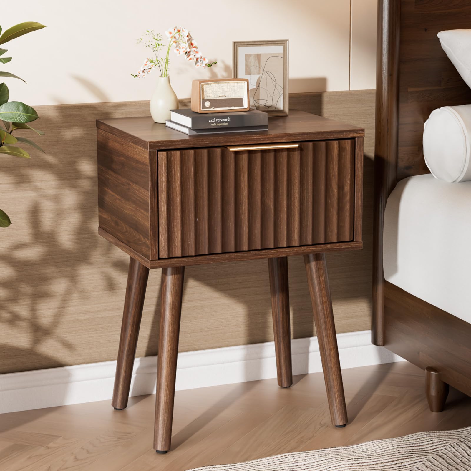 VINGLI Night Stand, Fluted Nightstand Wood, Mid Century Modern Nightstand for Bedroom, Bedside Table, Wood Side Table, Small Night Stand Walnut, 15.75" W*11.81" D*21.85" H