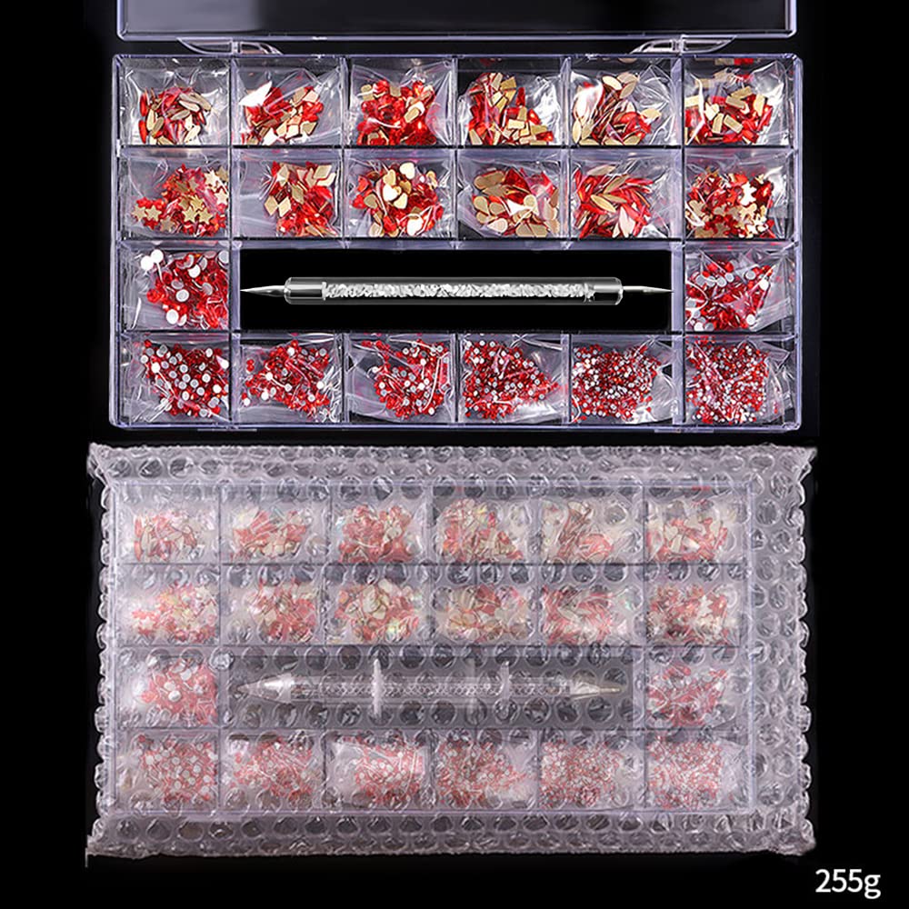 Kit di 3100 strass per unghie con cristalli e cristalli AB, con diamanti 3D, con penna per trapano, cristalli per unghie non Hotfix, decorazione per unghie (rosso)