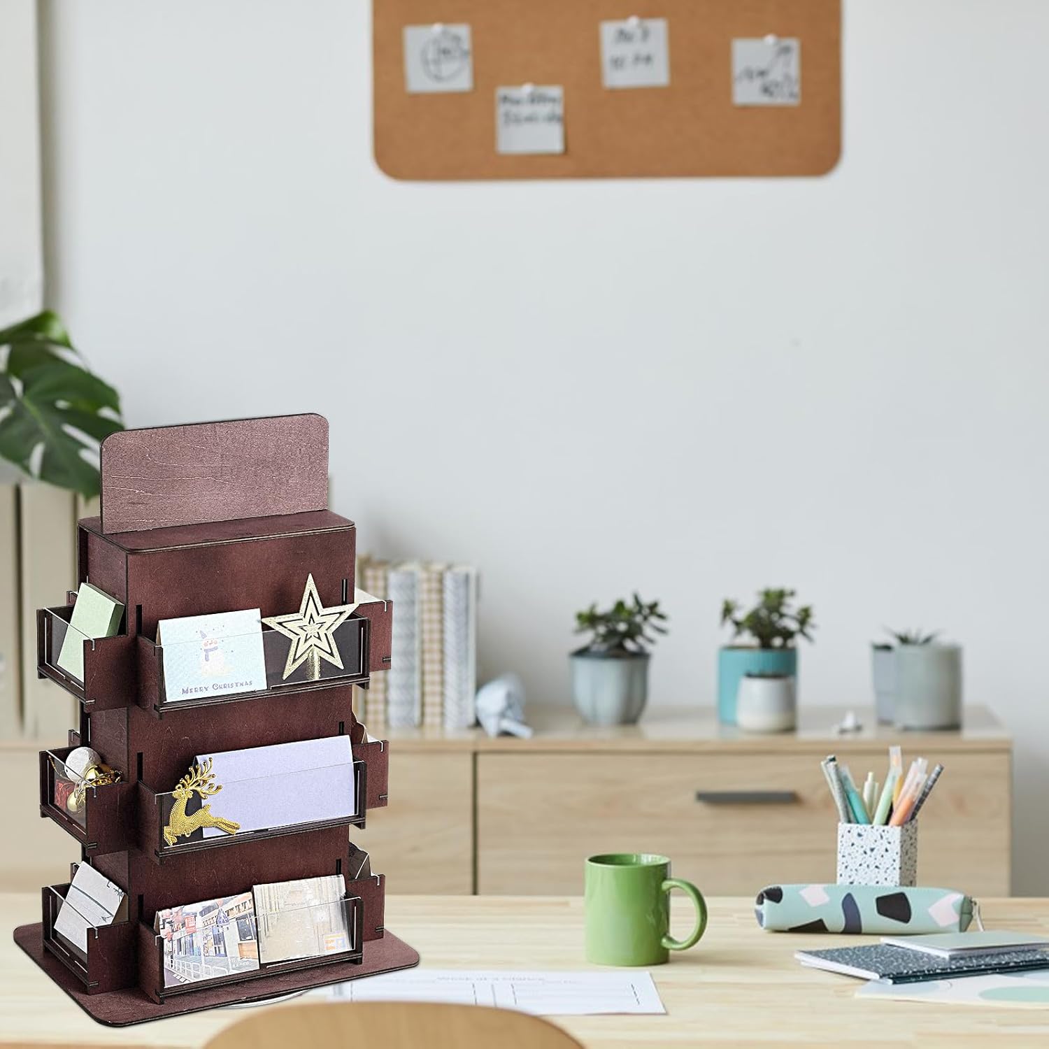 Sticker Display, 3 Tier Display Stand for Vendors, 4-Sided Sticker Holder, Wood Card Display Stand, 360 Degree Sticker Display Stand for Stickers, Craft Show, Hallmark