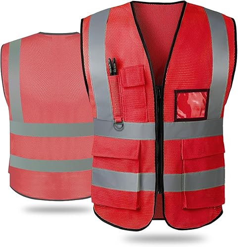 Chaleco de seguridad con bolsillos y cremallera para mujeres y hombres, chaleco reflectante de alta visibilidad, para trabajo de construcción,