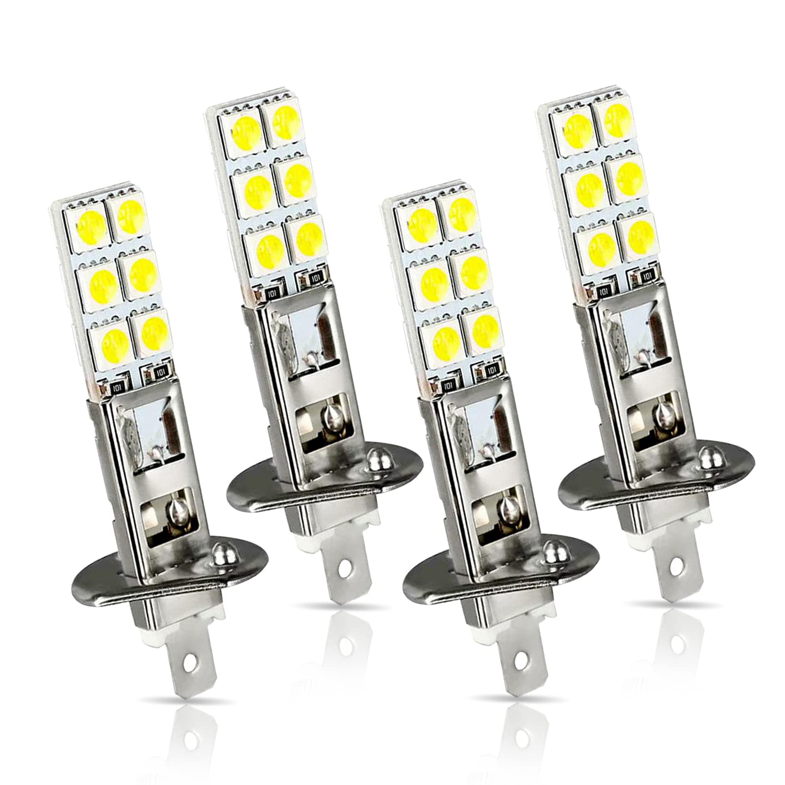 jeseny 4 Pack LED Fog Light Bulbs, H1 12SMD 5050 chipsets LED Fog Lamp, 6000K Super White 55W LED Headlight Bulbs Kit LED Fog Lamp