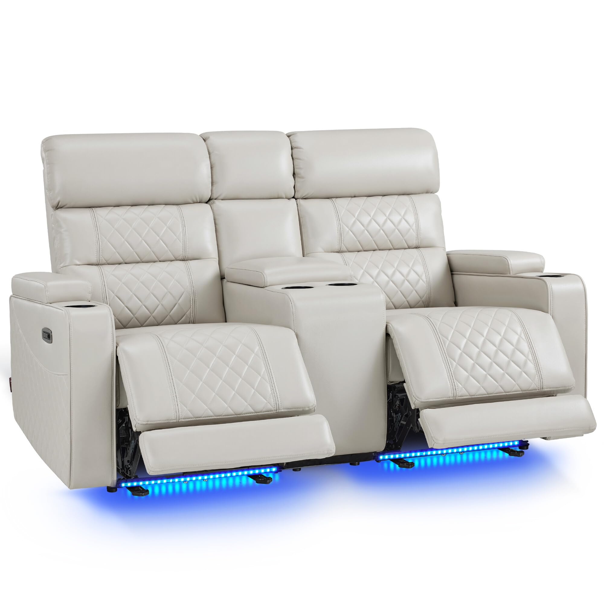 MCombo Zero Gravity Power Recliner Loveseat with Adjustable Headrest for Living Room, Home Theater Seating with USB &amp; Type-C Port, Armrest Storage &amp; LED HTS480 (Light Grey, Loveseat with Console)
