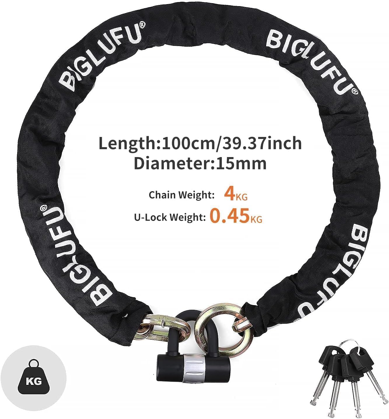 BIGLUFU Motorcycle Lock Chain Locks Heavy Duty 100cm/3.3ft Long, 15mm Cut Proof Security Chains, Ideal for Motorcycles, Bikes, Generator, Gates, Bicycle, Scooter