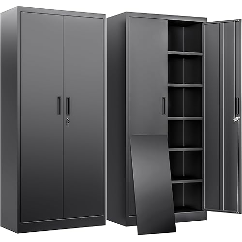 BESFUR Metal Storage Cabinet with 2 Doors and 5 Adjustable Shelves Garage Storage Cabinet with Lock 71" Office Storage Cabinets Locking Cabinets for Garage Office Shop Home (Black)