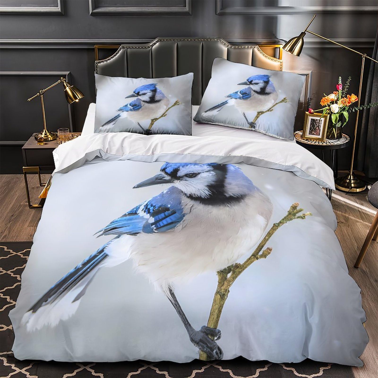 Housse de couette 3D geai bleu 135x200cm en microfibres confort nature pour lit simple