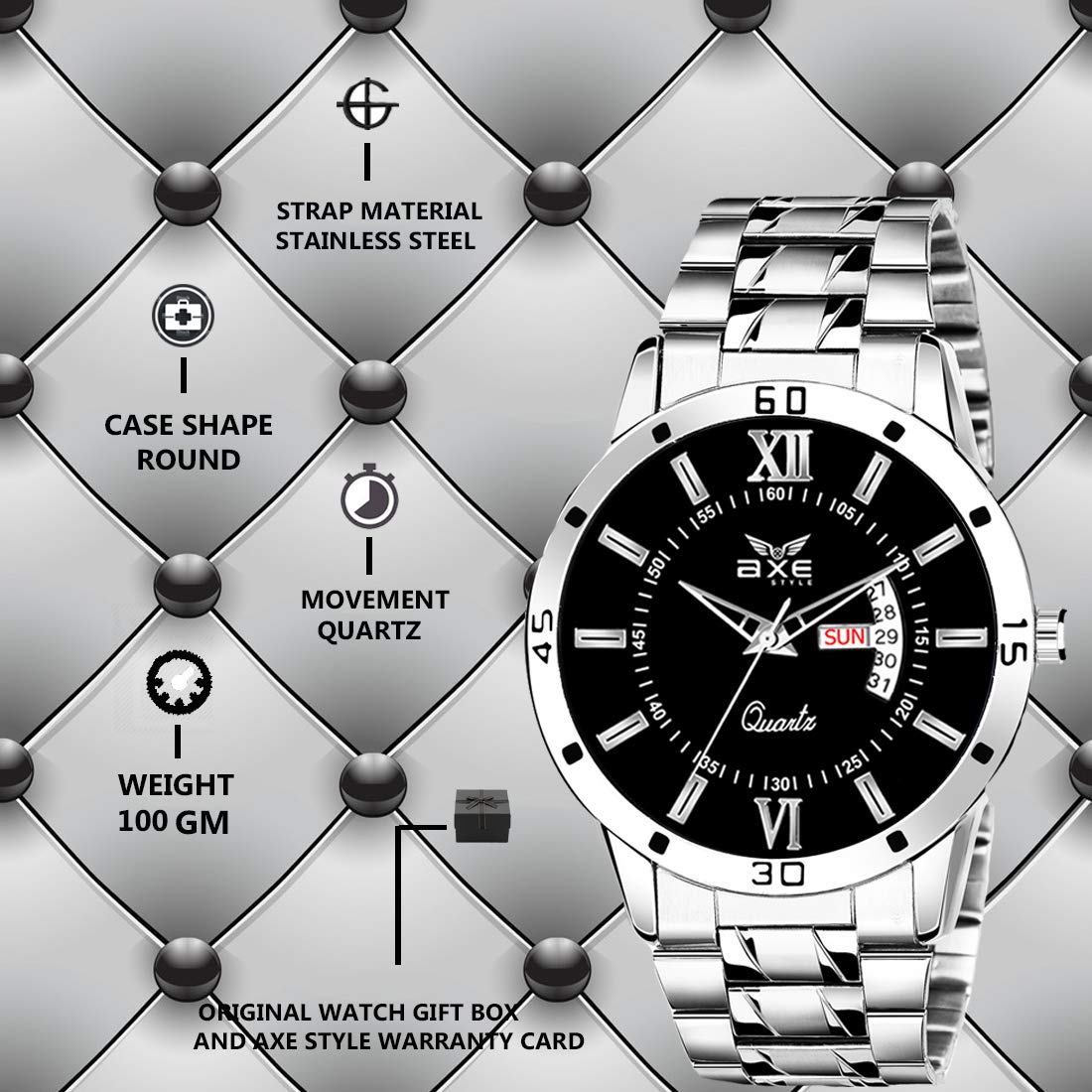 Axe Style Analogue Mens Watch Black Dial Silver Colored Strap