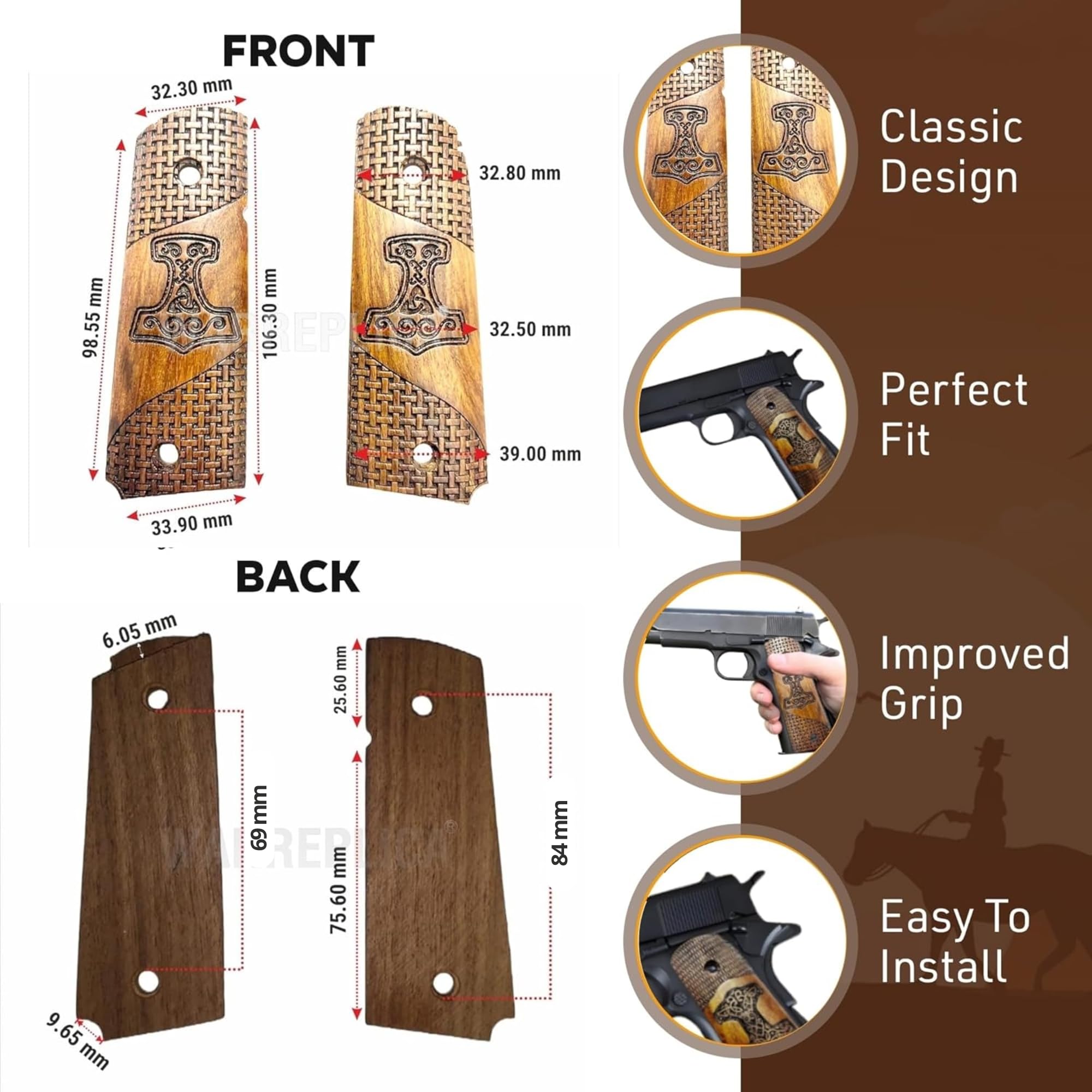 WWII US M1911/1911 .45 Holzgriffe – Reproduktion (Thors Hammer (Stil 2))