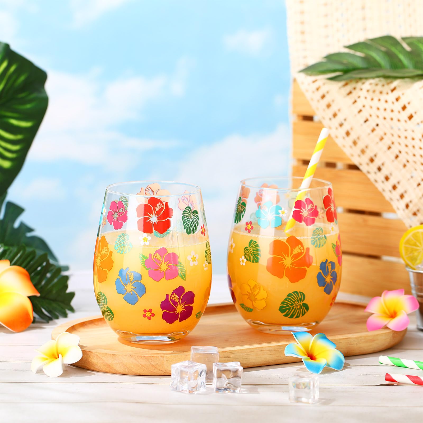 Amazon.com | Sliner 2 Pack 17oz Summer Hawaiian Stemless Wine Glasses Aloha  Stemless Wine Glass Luau Colorful Flowers Leaves Tumbler Cups for Hawaiian  Tiki Party Supplies Birthday Gift: Wine Glasses
