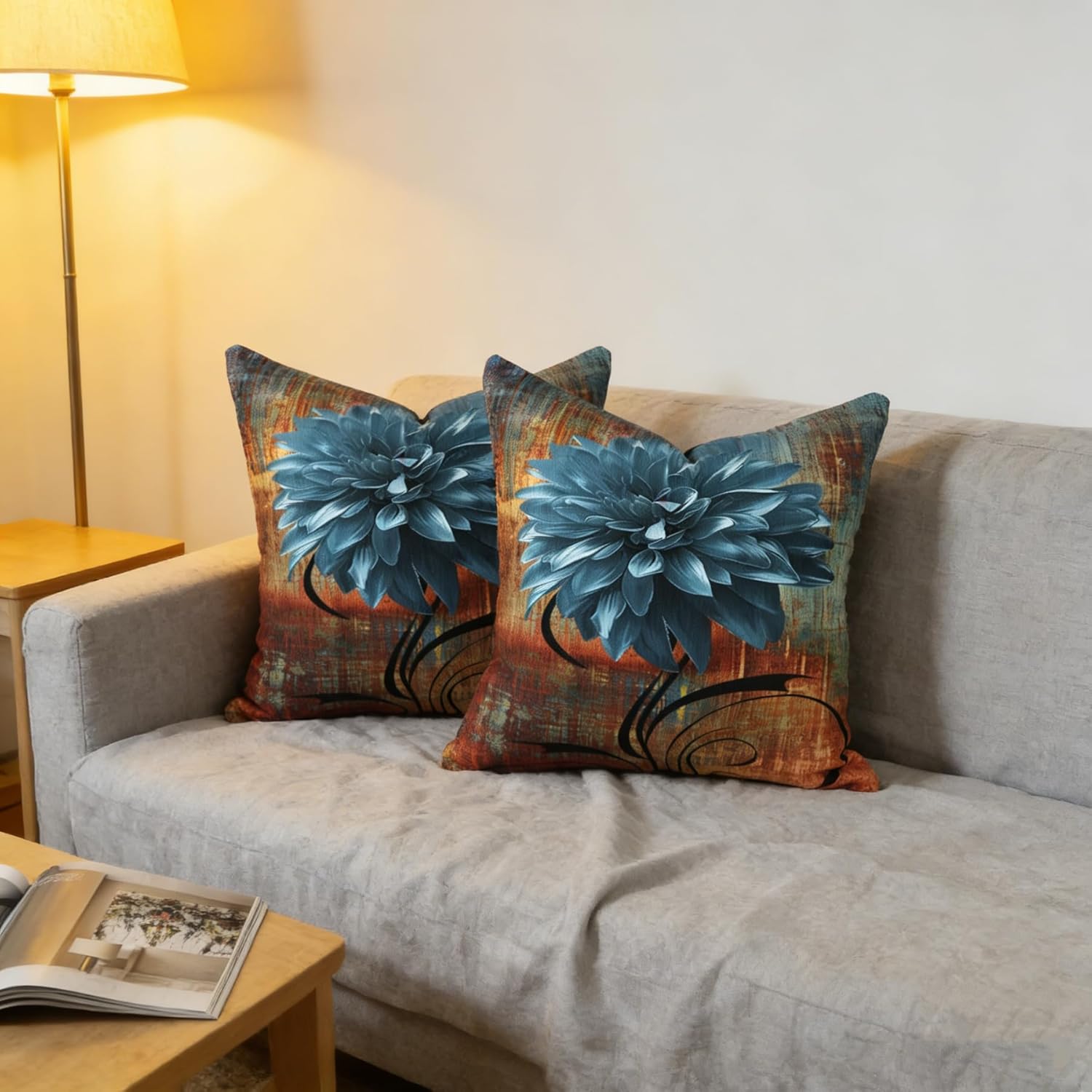 OYIMUA Soft Decorative Chenille Rust and Blue Throw Pillow Covers 22x22 Set of 2 Vintage Abstract Flower Pillow Case for Couch Sofa Bedroom Living Room Home Decor Accent Pillows