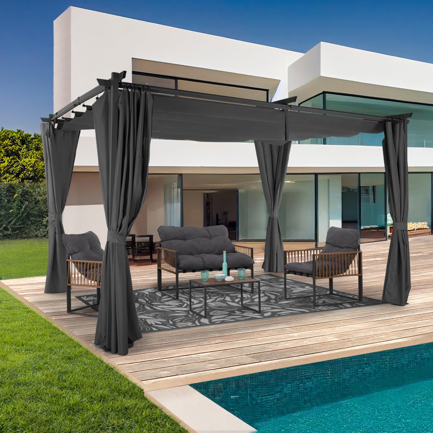IDMarket - Pergola édition limitée Toit rétractable 3x4 M et 4 Rideaux Gris Anthracite
