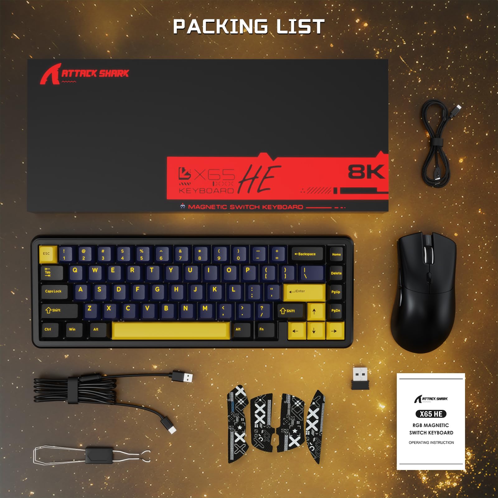 ATTACK SHARK Gaming-Tastatur & -Maus-Set, X65 HE Kabelgebundene Magnettastatur und R1 Kabellose 59g Superleichte Maus (8000Hz, RT 0,01mm, RGB, 65h Akku) - Sternenschwarz